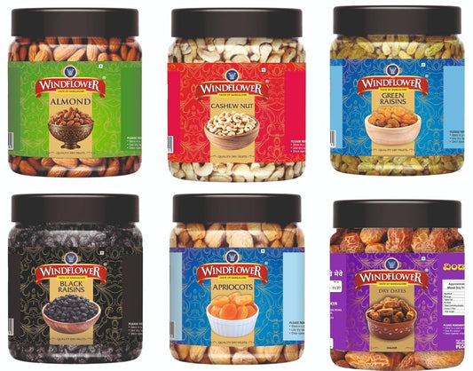 Windflower Dry Fruits Combo Pack, Almonds, Cashew Nuts, Green Raisins, Black Raisins, Apricots, Dry Dates, Pack of 6 dry Fruits 100 Gms each.